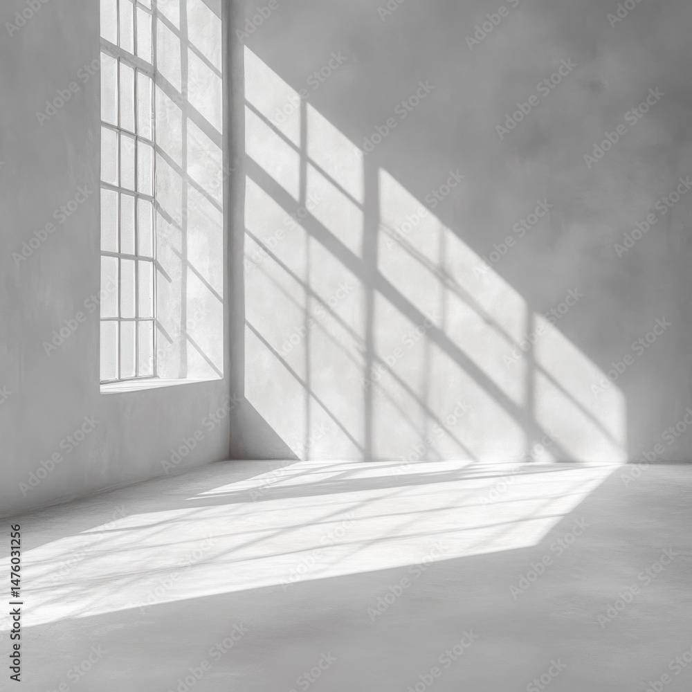 Fototapeta premium Minimalist interior with sunlight casting shadows through window on wall in empty white room studio shot