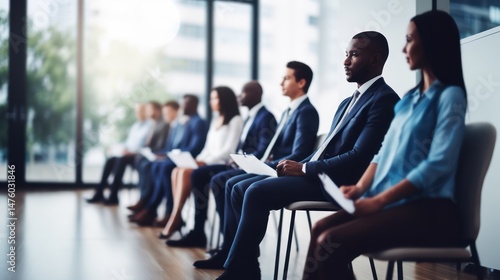 A diverse group of business professionals sitting in a row, attentively listening to a presentation.