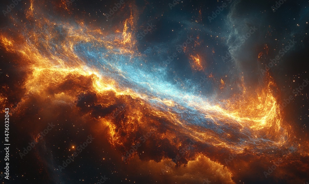 Obraz premium Fiery cosmic nebulae with vibrant celestial glow.