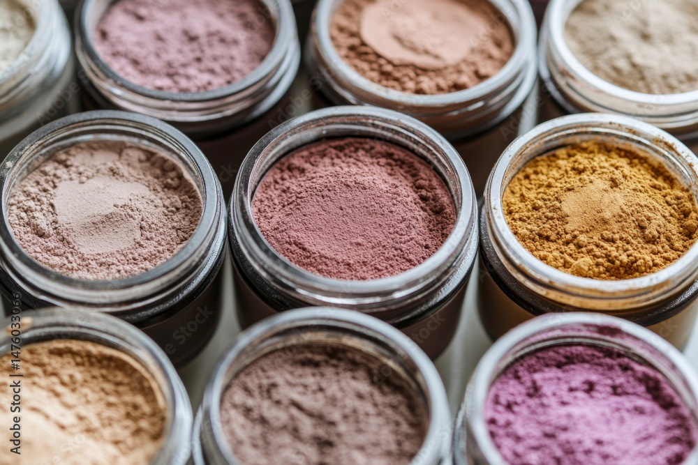 Variety of colorful cosmetic powders in small jars Variety of colorful cosmetic powders in small jars