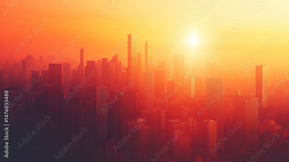 Fototapeta premium Orange and Red City Skyline at Sunset Aerial View