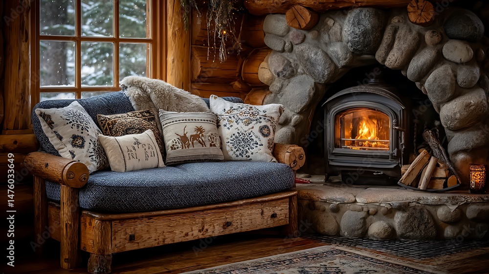 Fototapeta premium Cozy Log Cabin Fireplace Winter Retreat.