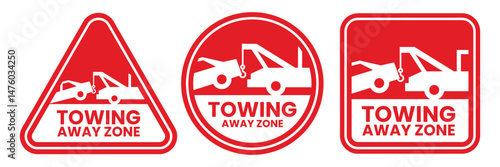 Towing sign set. Truck towing car service signage, signboard, sign, icon, logo. No parking, tow away zone, private parking, towing enforced. Vector Illustration.