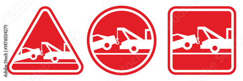 Towing sign set. Truck towing car service signage, signboard, sign, icon, logo. No parking, tow away zone, private parking, towing enforced. Vector Illustration.