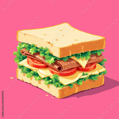 Delicious sandwich with fresh ingredients on pink background.