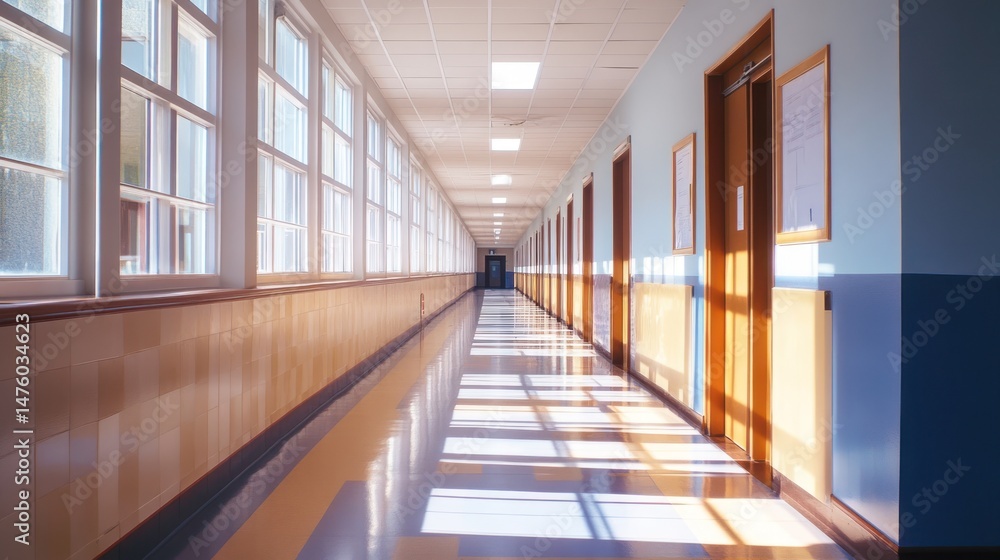 Sunlit school corridor with windows and doors on both sides, showing a long perspective Sunlit school corridor with windows and doors on both sides, showing a long perspective