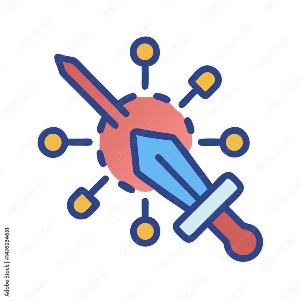Sword piercing a sphere with connecting nodes graphic illustration Sword piercing a sphere with connecting nodes graphic illustration