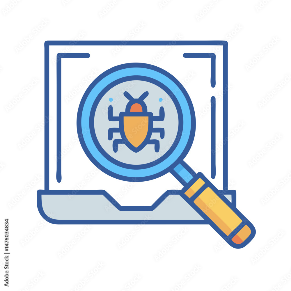 Computer bug detection, magnifying glass, software analysis concept icon Computer bug detection, magnifying glass, software analysis concept icon