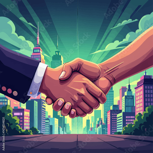 Diverse handshake over vibrant cityscape, partnership agreement