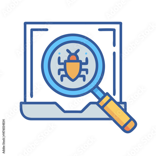 Computer bug detection, magnifying glass, software analysis concept icon