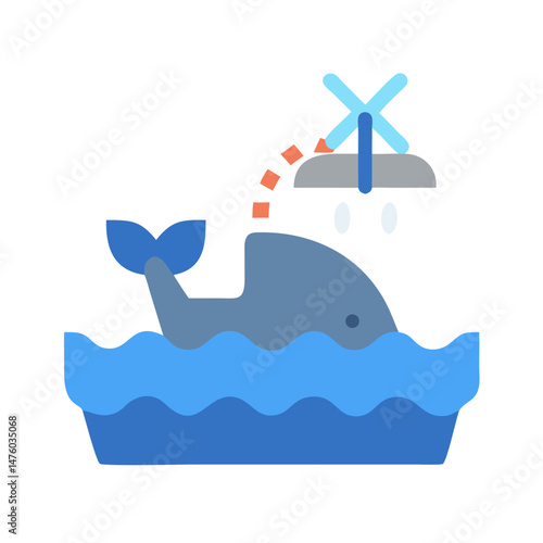 Stylized whale in ocean with wind turbine generating water