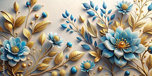 Elegant blue and gold floral artwork with intricate details and decorative botanical elements