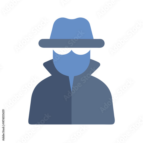 Stylized mysterious figure wearing hat and coat isolated on black
