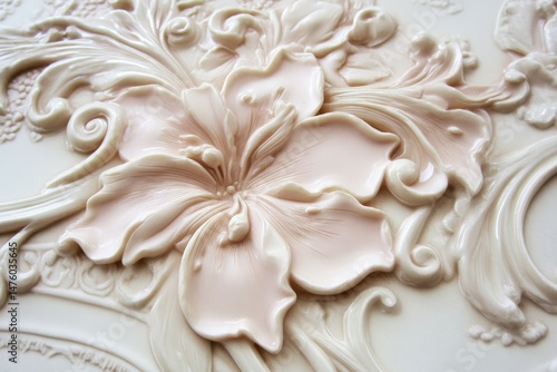 Ornate, embossed floral design on a light cream surface.