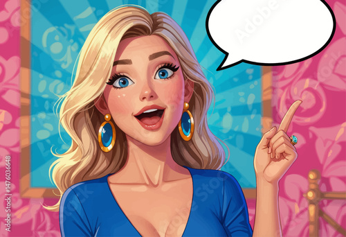 Excited blonde woman points up, speech bubble, pink background.