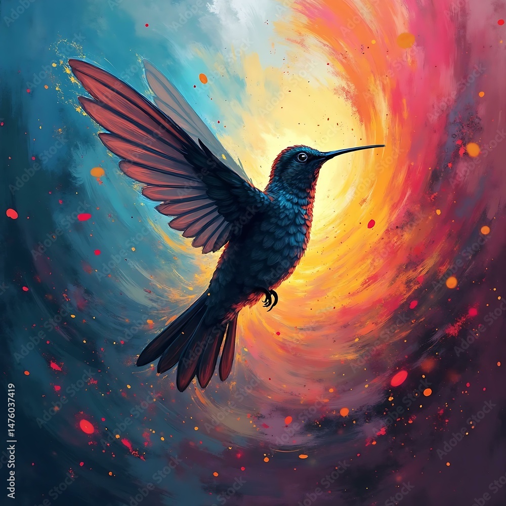 Fototapeta premium Bright Paint Swirls Forming a Hummingbird Silhouette – Vibrant Artistic Animal Concept