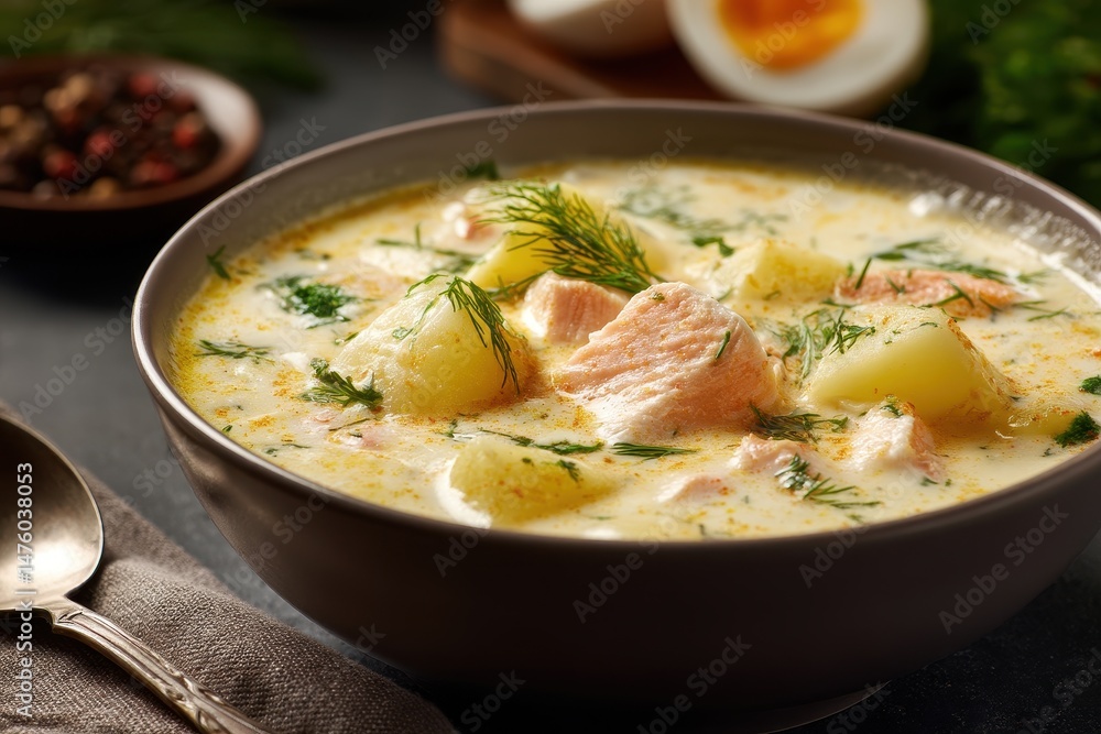 Close up of rich cullen skink soup with smoked haddock and potatoes in a bowl Close up of rich cullen skink soup with smoked haddock and potatoes in a bowl