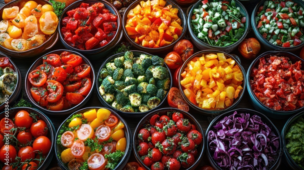 Fototapeta premium Colorful assortment of prepared vegetables in small bowls