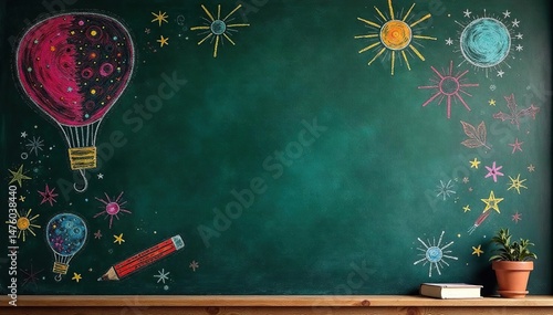 A child's colorful chalk drawings on a vintage blackboard , element, education