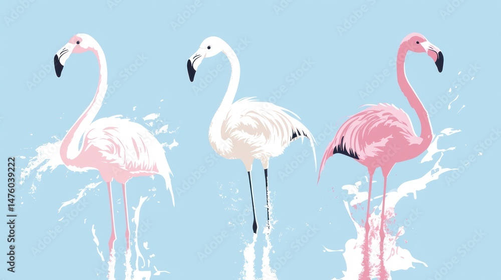 Obraz premium Three elegant flamingos, varying shades of pink and white, stand in water splashes against a light blue backdrop