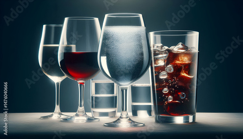 A glass of water beside untouched wine and soda glasses, representing abstemious drinking habits.