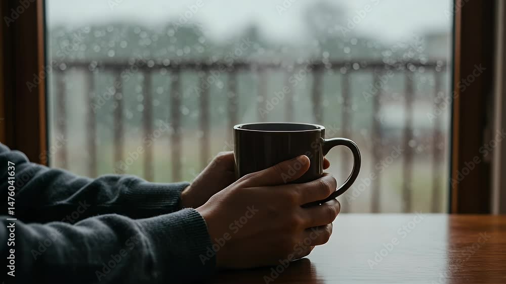 Holding Steaming Mug on Rainy Day Indoor Still Life Holding Steaming Mug on Rainy Day Indoor Still Life