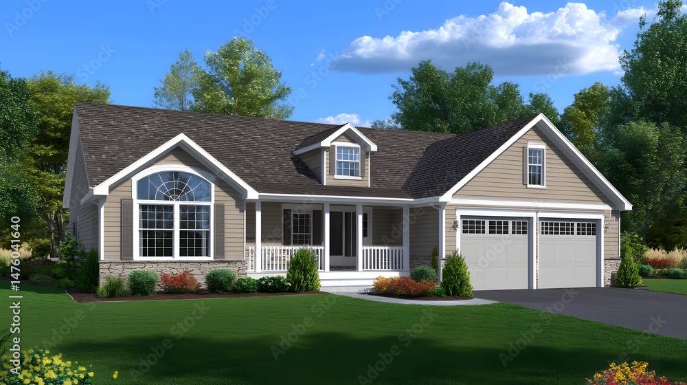 Obraz premium Exterior view of a light taupe colored home design.