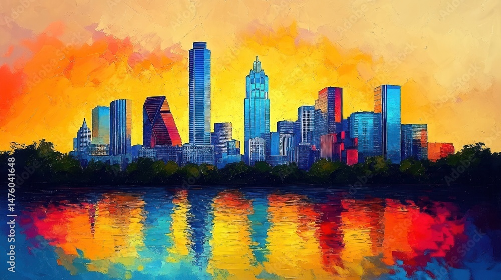 Obraz premium Vibrant Cityscape at Sunset Reflected in Water