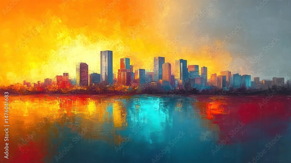 Fototapeta premium Vibrant Cityscape at Sunset Reflected in Water