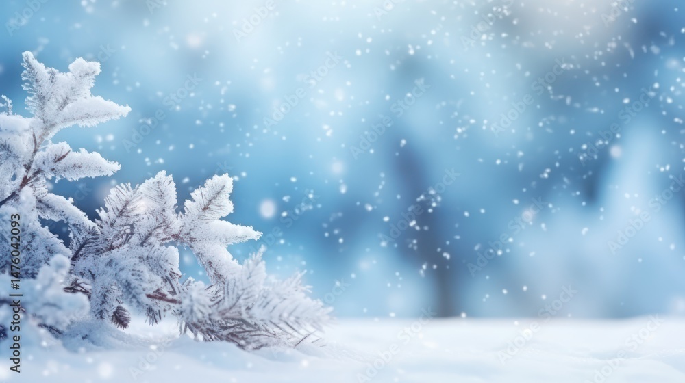 Snow-covered pine branches with snowflakes falling against a blue and white winter landscape. Snow-covered pine branches with snowflakes falling against a blue and white winter landscape.
