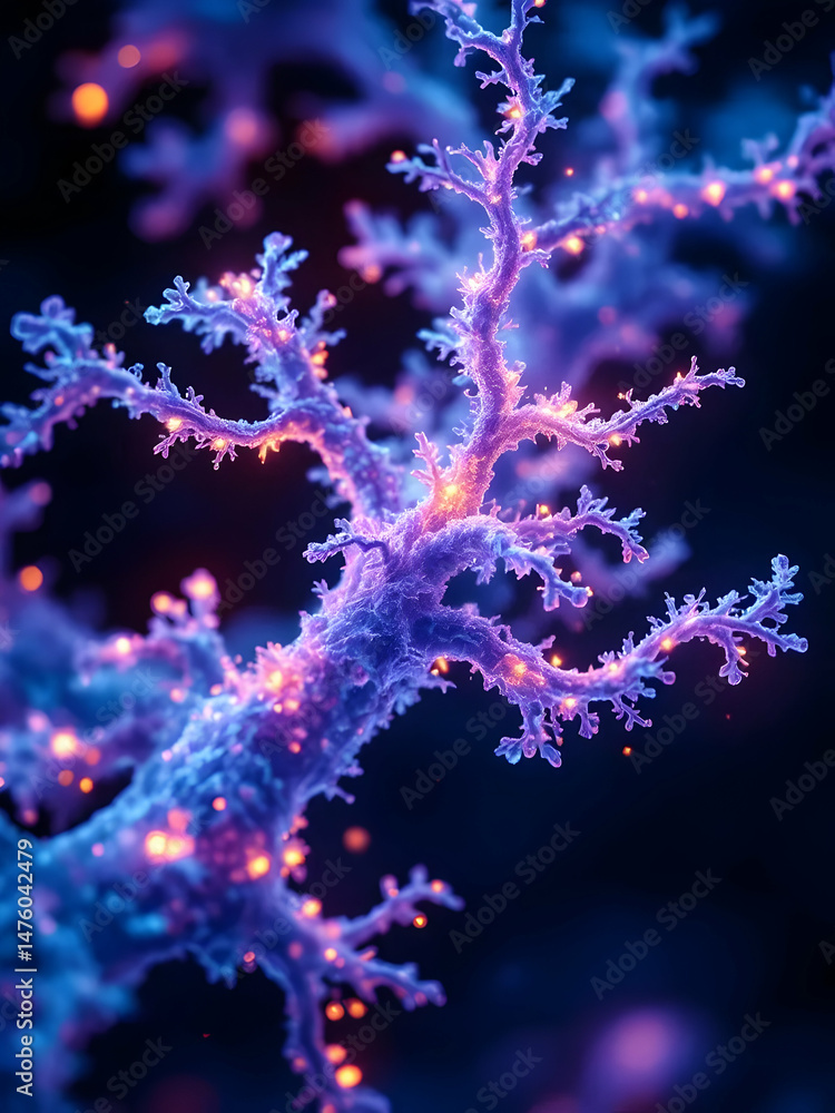 Winter nature illustration: A festive purple Christmas tree stands in snow, adorned with delicate pink and blue light decorations, under a night sky with snowflakes Winter nature illustration: A festive purple Christmas tree stands in snow, adorned with delicate pink and blue light decorations, under a night sky with snowflakes