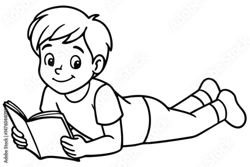 Cartoon Boy Lying Down Reading a Book, Outlined Vector Illustration, Educational, Leisure Activity and Children's Literature Concept.