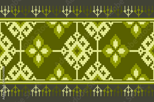 Pixelated Geometric Tapestry with Olive Green and Floral Accents