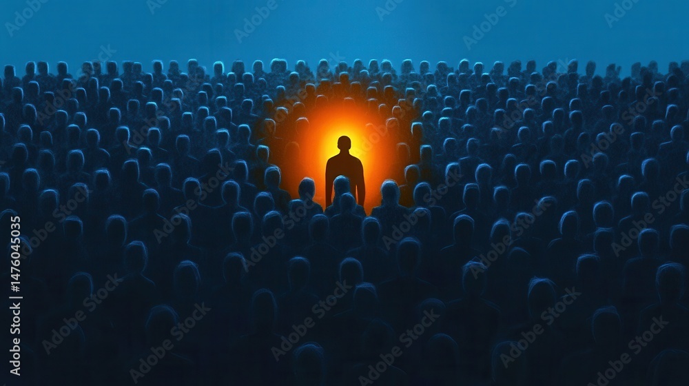 Obraz premium Illuminated Individual Amidst a Sea of Silhouettes