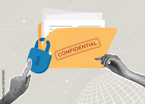 Trendy halftone collage. Confidential information protection concept, data security. Document security concept, accessibility control concept.
