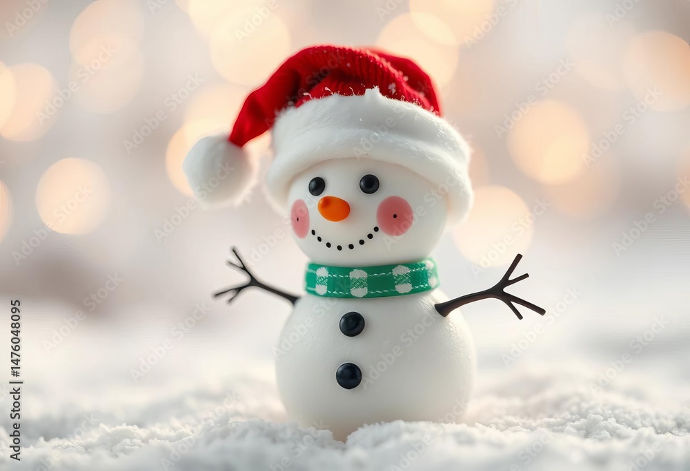 Fototapeta premium Miniature snowman in Santa hat, snowy scene, soft light, bokeh, photography, design