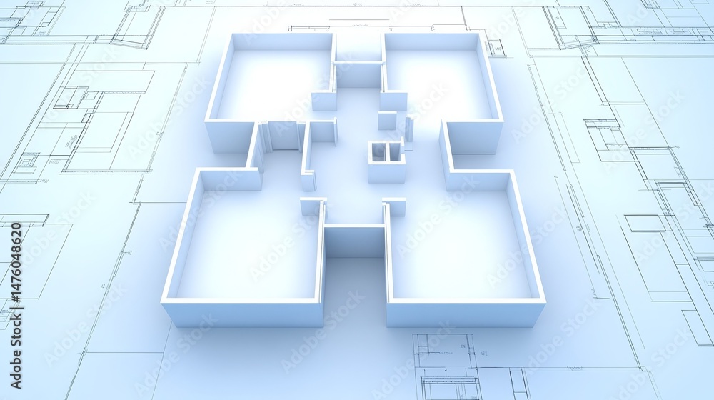 3D Model of House Plan on Blueprint Background Architectural Design Visualization 3D Model of House Plan on Blueprint Background Architectural Design Visualization