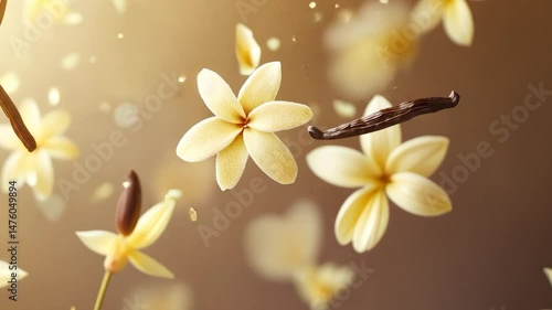 Vanilla flowers and pods in mid-air