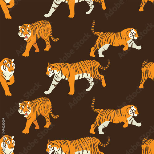 Seamless vector graphic design of cute tiger animals features charming, clean, and scalable illustrations perfect for various digital and print applications. 