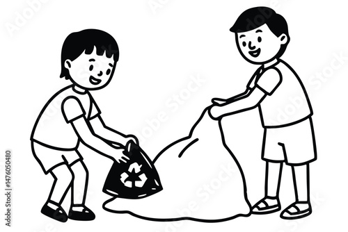 Two Happy Kids Cleaning Up Litter Together, Cartoon Outline Style for Ecological Awareness and Environmental Protection.