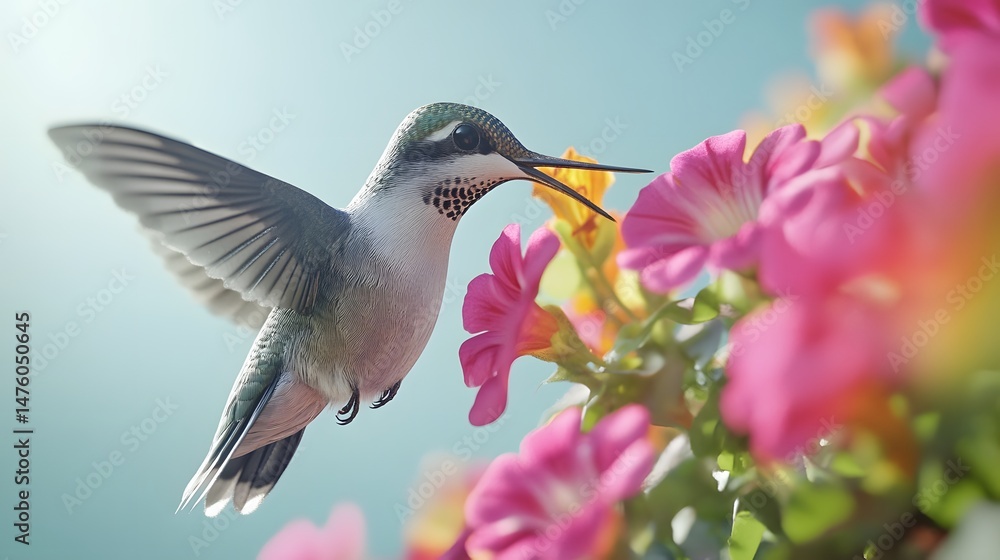 Fototapeta premium A vibrant hummingbird close-up amongst colorful flowers.
