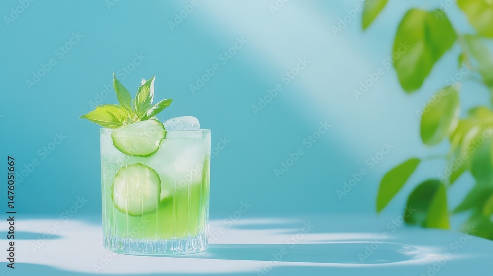Refreshing Cucumber Cocktail: A visually stunning, refreshing cucumber cocktail, garnished with fresh cucumber slices and vibrant green herbs, beckoning one to savor a cool drink on a bright.