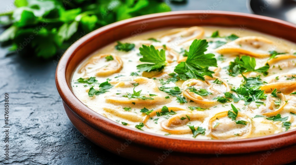 Creamy Mushroom and Parsley Soup: A rustic bowl of creamy mushroom soup, adorned with fresh parsley, offers a delectable and comforting culinary experience.