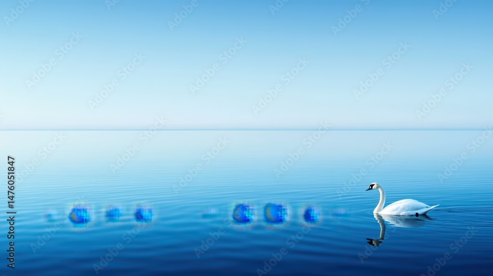 Serene Swan on Blue Lake: A graceful swan floats peacefully upon a vast expanse of blue water, its elegant reflection mirrored in the calm surface, creating a sense of serenity and tranquility.