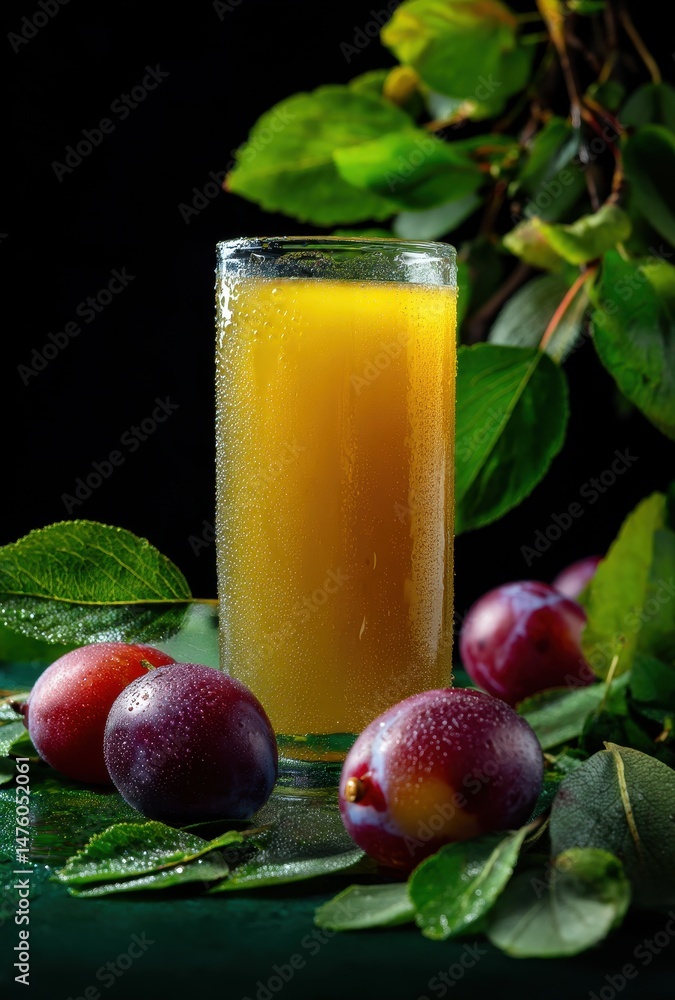 Fototapeta premium Refreshing Yellow Juice in a Tall Glass Surrounded by Fresh Plums and Green Leaves on a Dark Background for a Wellness and Healthy Lifestyle Theme