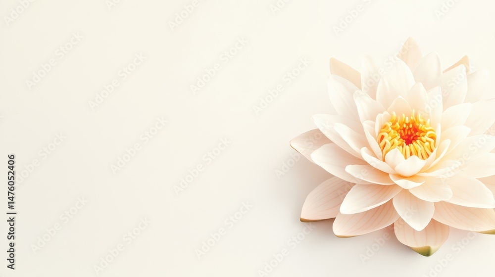 Pastel Water Lily: A serene pastel pink water lily blossom, showcasing delicate petals and a vibrant yellow center, rests on a soft, light background.