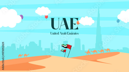 United Arab Emirates skyline illustration with desert dunes, camels, UAE flag, and Burj Khalifa on blue sky background
