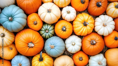 Fototapeta Naklejka Na Ścianę i Meble -  Pumpkin Patch of Autumnal Delight: An overhead view showcases an assortment of vibrantly colored pumpkins, arranged in a photorealistic fashion. perfect image for fall season and decoration.