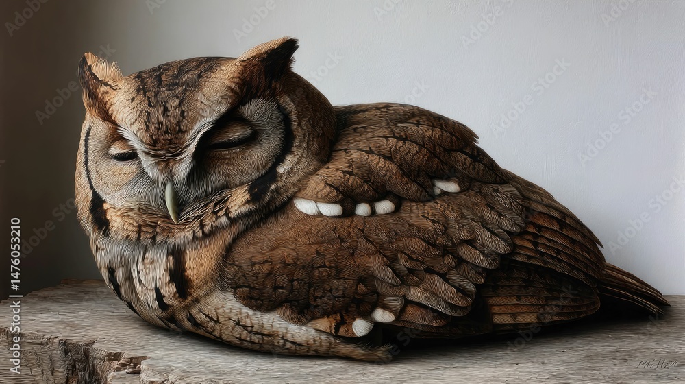 Obraz premium Serene Owl: A Resting Brown Owl in Naturalistic Style