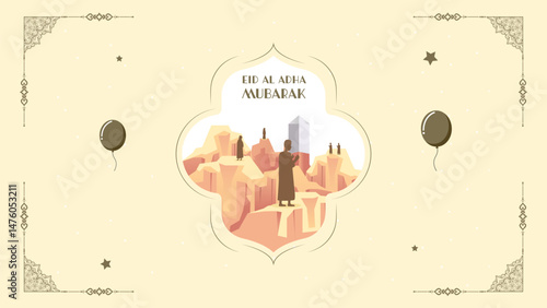 Eid al-Adha Mubarak illustration with Muslim pilgrims praying at rocky desert site, spiritual Islamic greeting card
